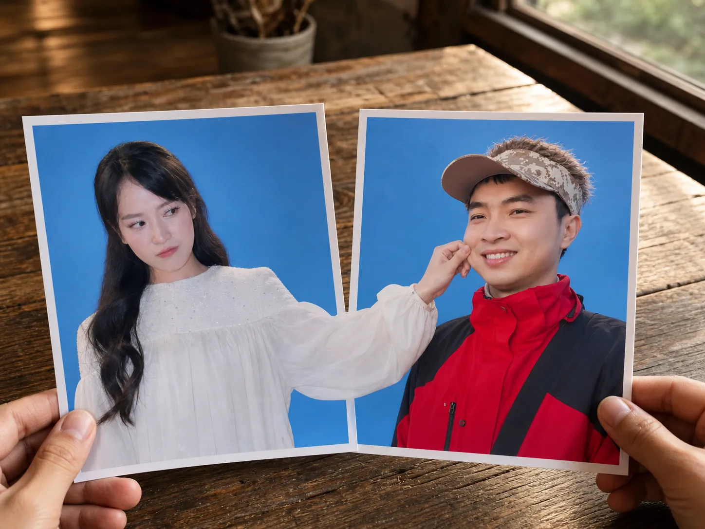 Playful Cross-Photo Cheek Pinch: Realistic Printed Portrait Interaction