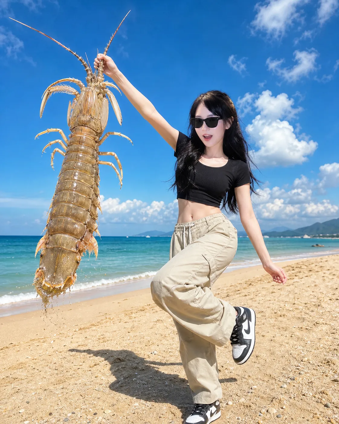 Cô Nàng Bắt Hải Sản Khổng Lồ Trên Bãi Biển