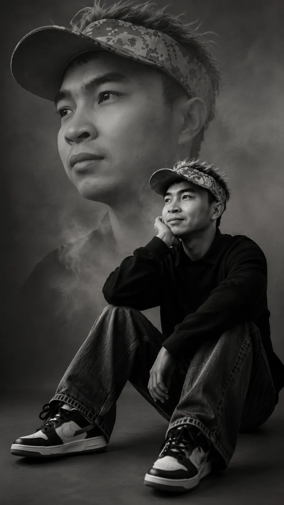 Chân dung Double Exposure điện ảnh đen trắng