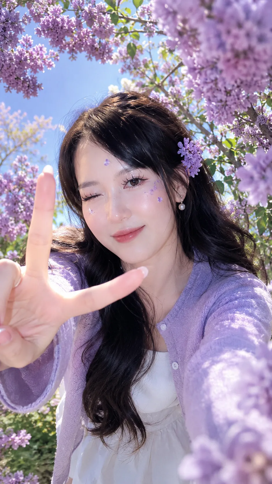 Lilac Wink Selfie – Nụ Cười Nháy Mắt Dưới Vòm Hoa Tím