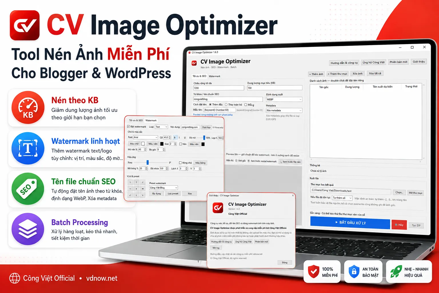 CV Image Optimizer – Tool Nén Ảnh, Đổi Tên SEO & Watermark Miễn Phí