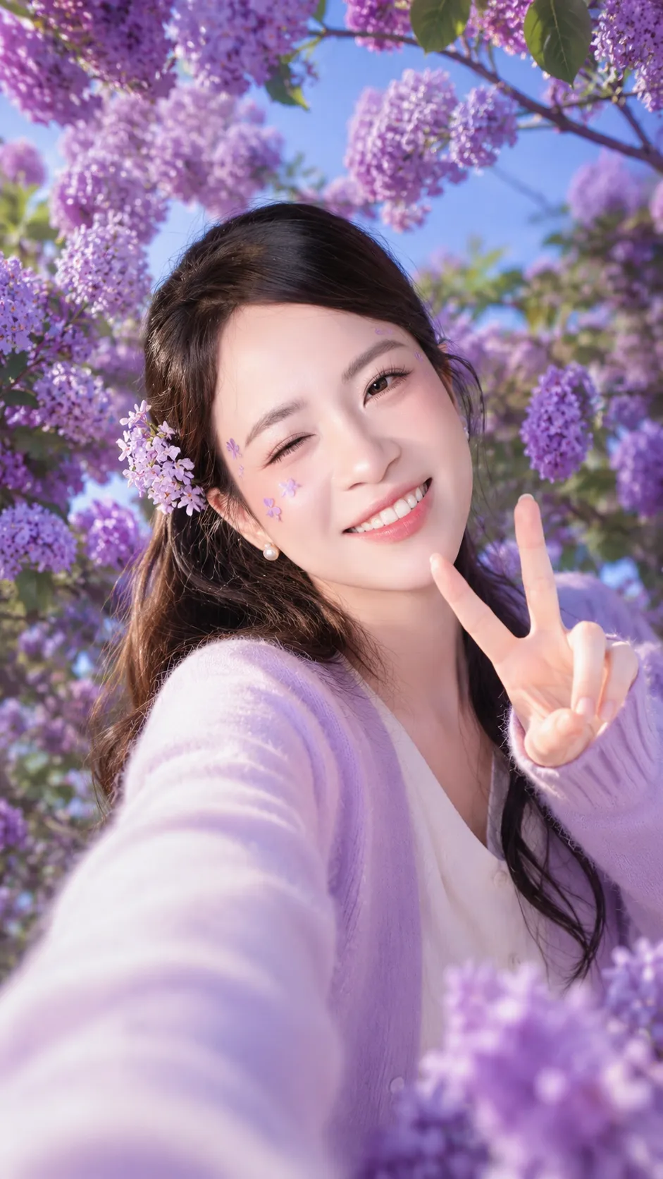 Lilac Wink Selfie – Nụ Cười Nháy Mắt Dưới Vòm Hoa Tím